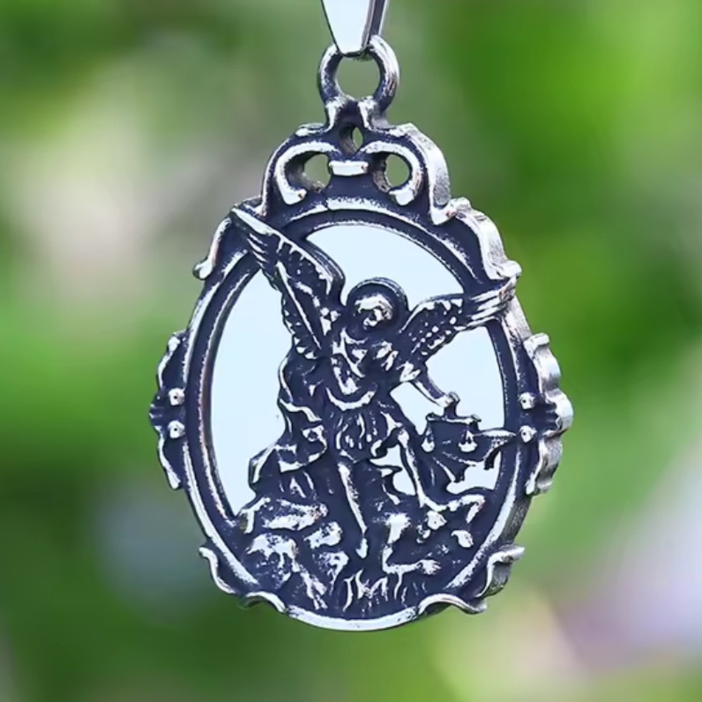 Handmade maille stainless steel necklace + st michael angel medal mirror charm - Picture 3 of 15